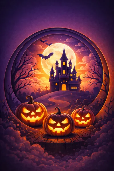 Spooky Halloween Scene With Jack O Lanterns And Castle
