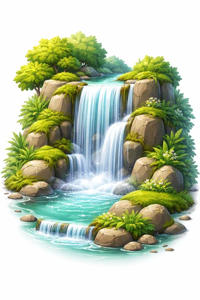 Lush Tropical Waterfall Cascading Over Mossy Rocks