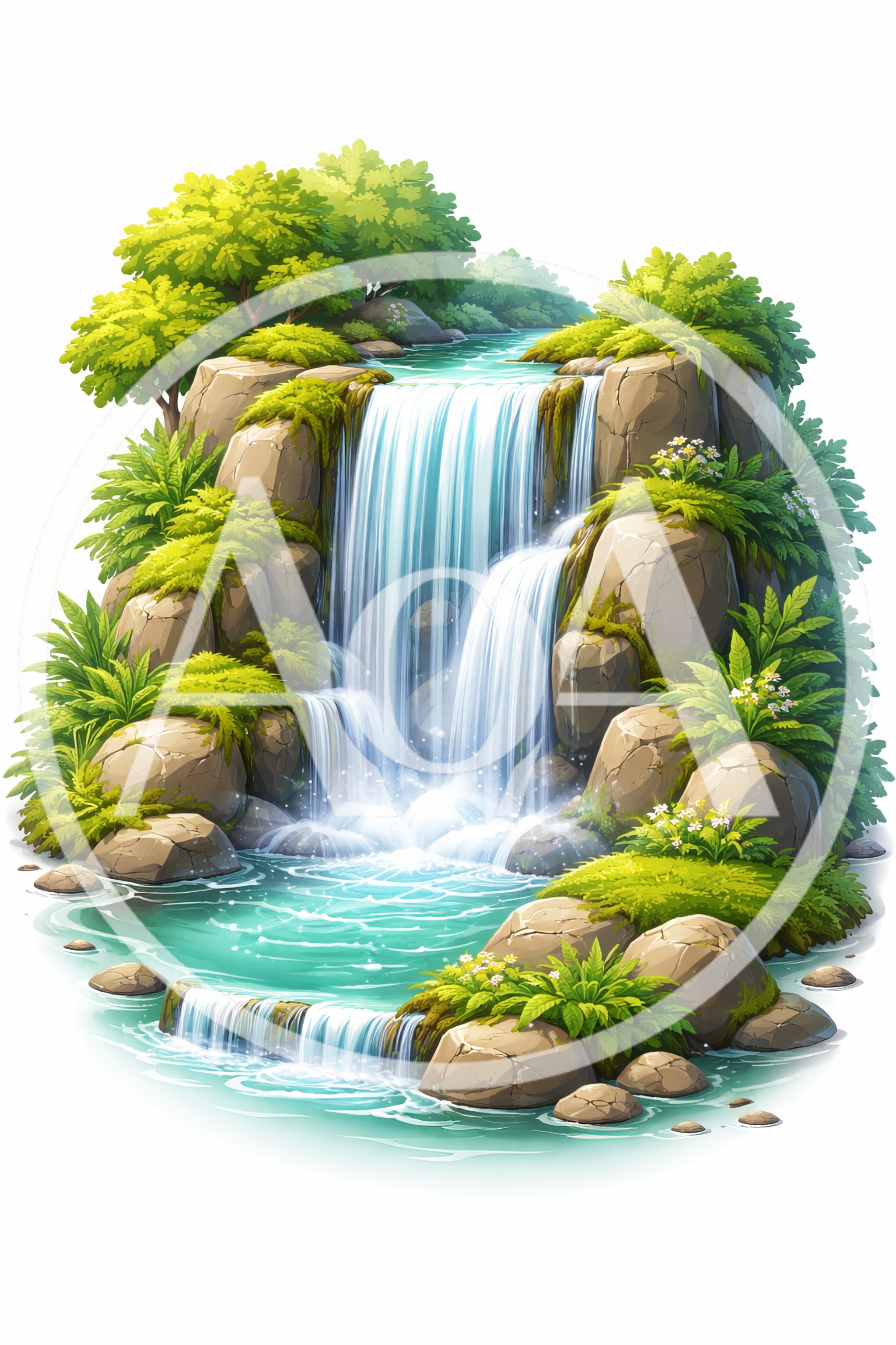 Lush Tropical Waterfall Cascading Over Mossy Rocks