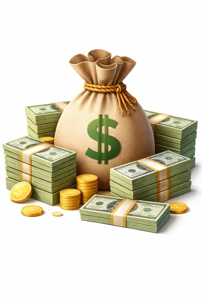 Money Bag With Stacks Of Cash And Gold Coins