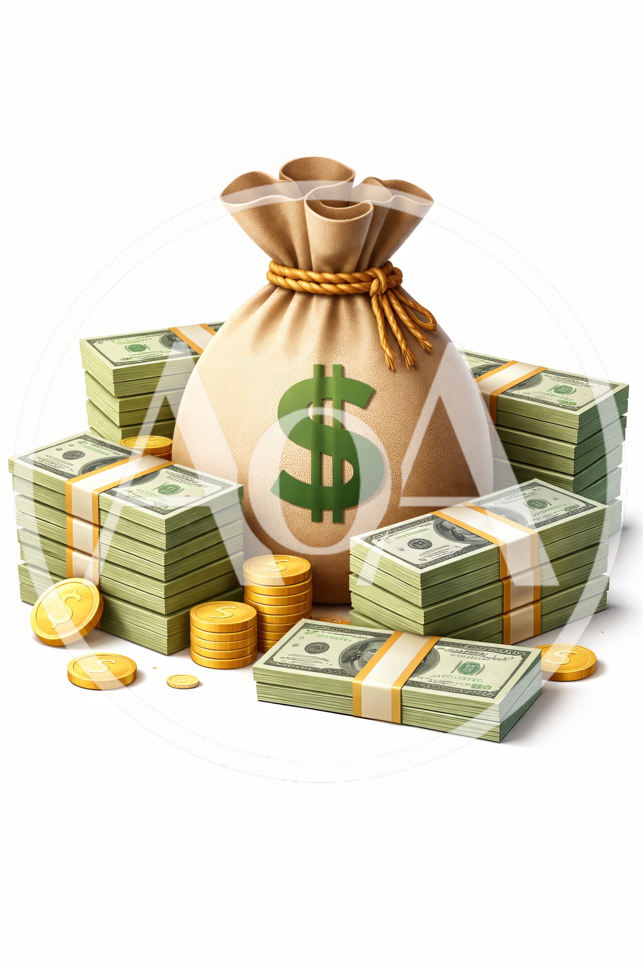 Money Bag With Stacks Of Cash And Gold Coins