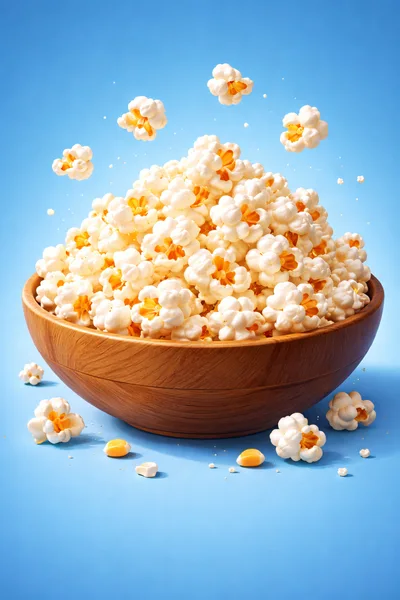 Fresh Popcorn In A Wooden Bowl On Blue Background