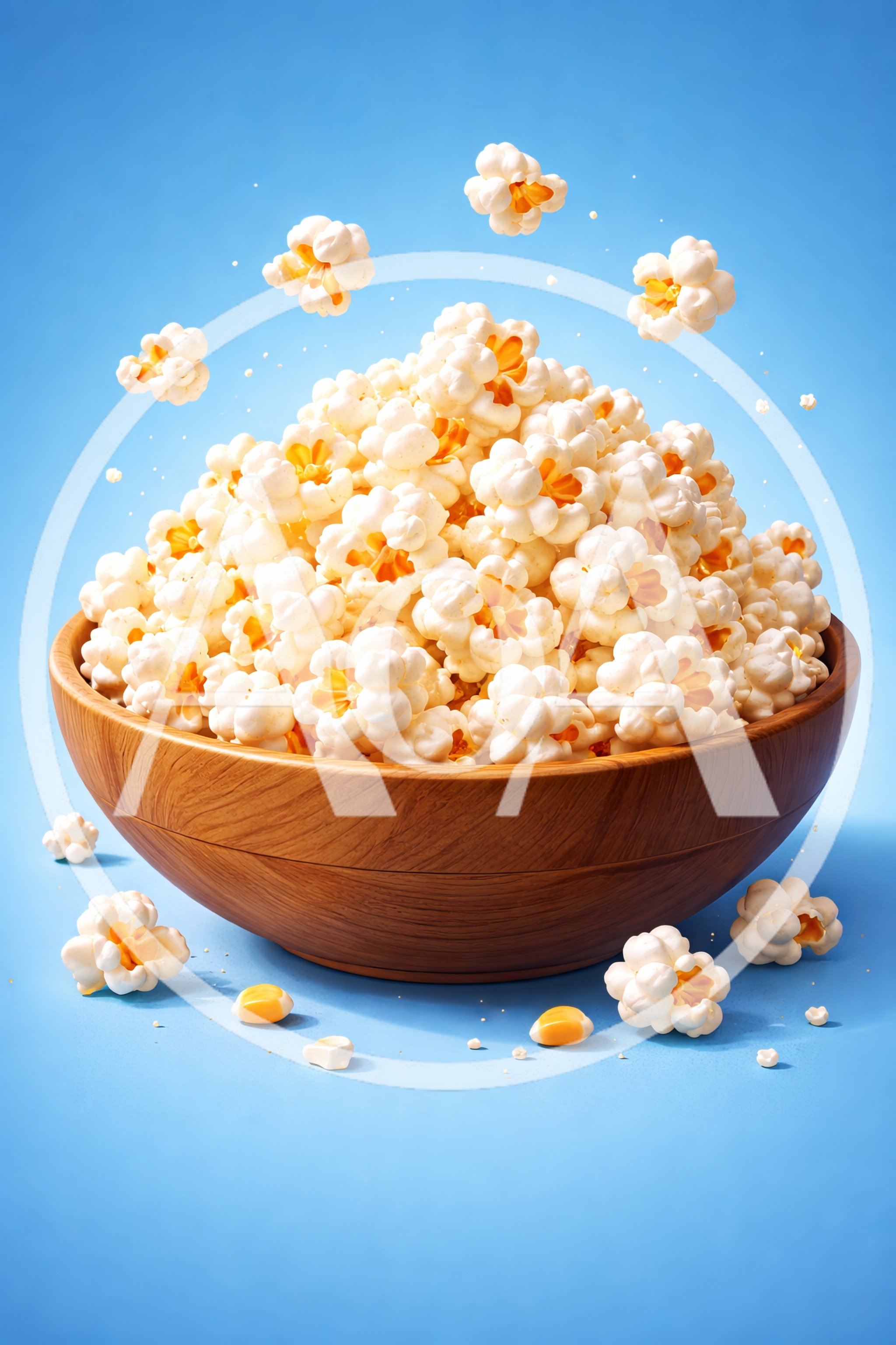 Fresh Popcorn In A Wooden Bowl On Blue Background