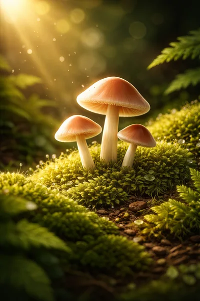 Three Wild Mushrooms Growing In Lush Green Forest Moss