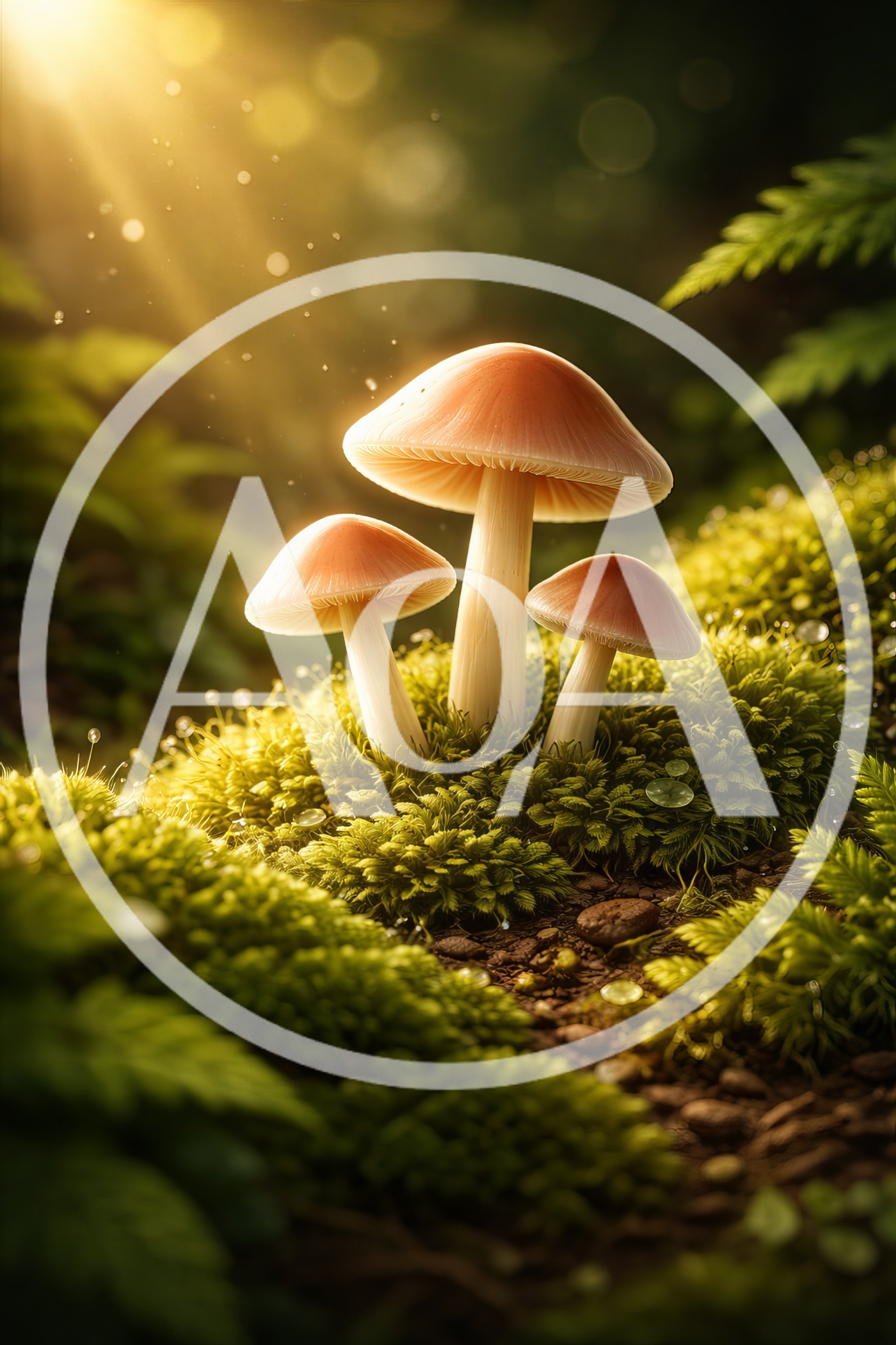 Three Wild Mushrooms Growing In Lush Green Forest Moss
