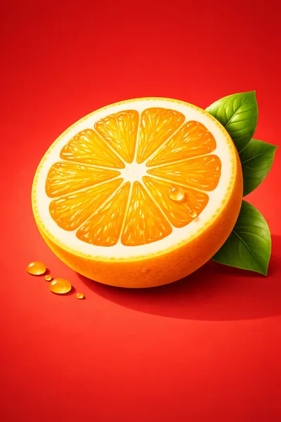 Fresh Half Orange With Green Leaves On Red Background