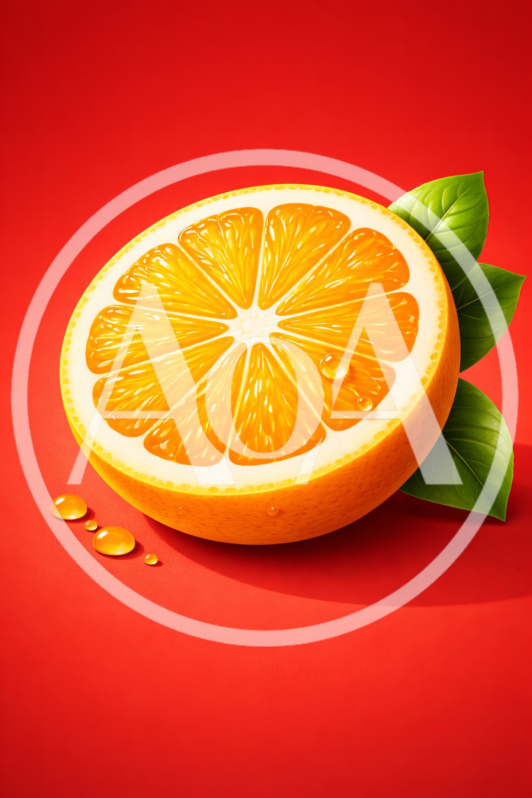 Fresh Half Orange With Green Leaves On Red Background