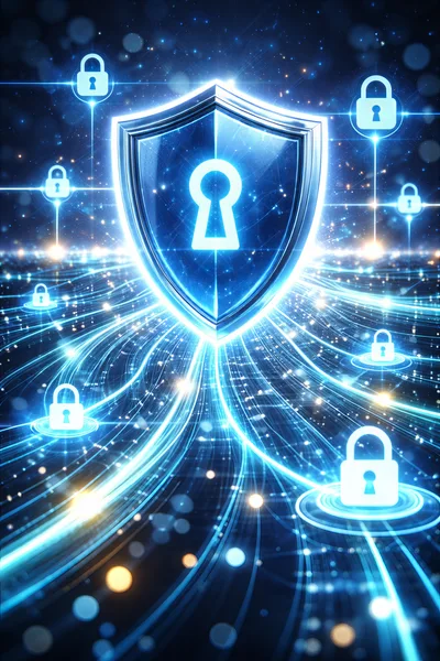 Digital Cybersecurity Shield With Glowing Network Data Connections
