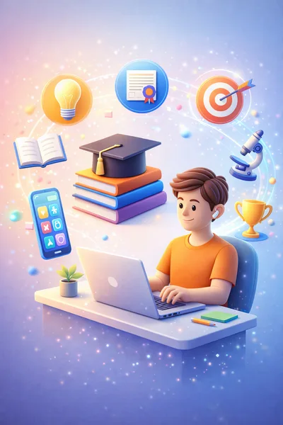 3D Illustration of Student Studying Online