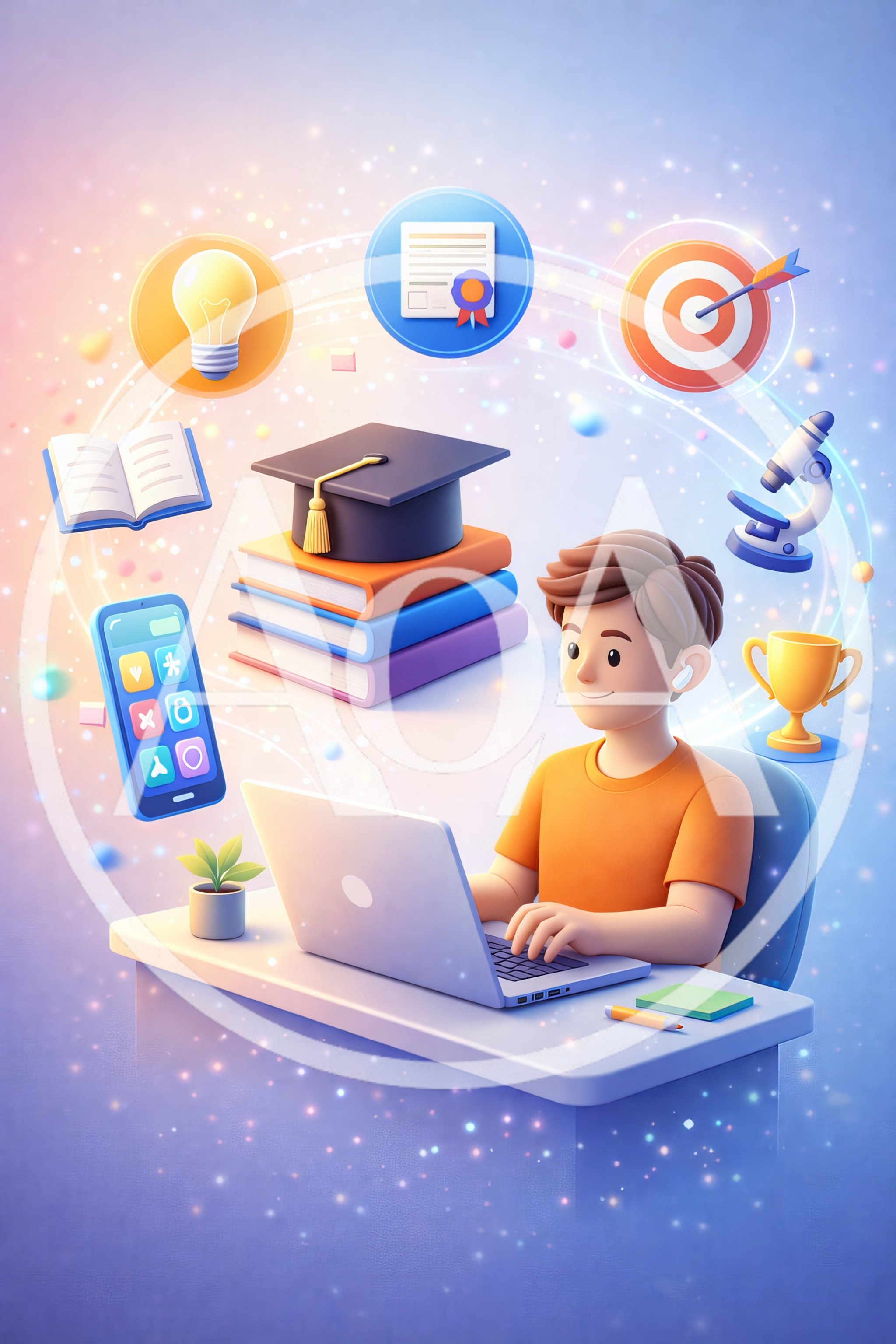 3D Illustration of Student Studying Online