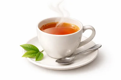 Steaming Cup Of Hot Tea With Fresh Leaves