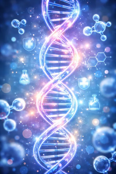 Glowing DNA Helix With Scientific Icons And Molecular Structures