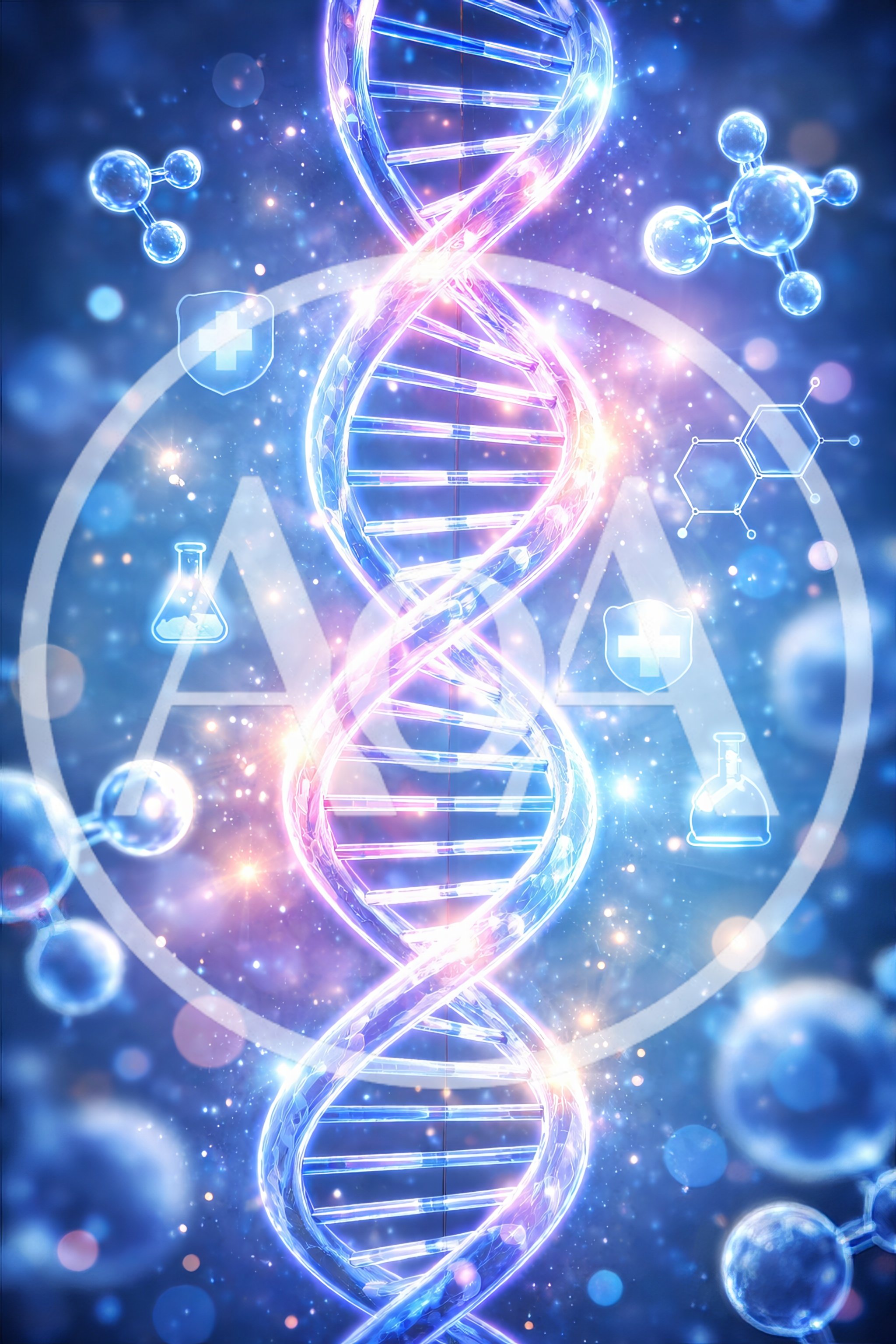 Glowing DNA Helix With Scientific Icons And Molecular Structures
