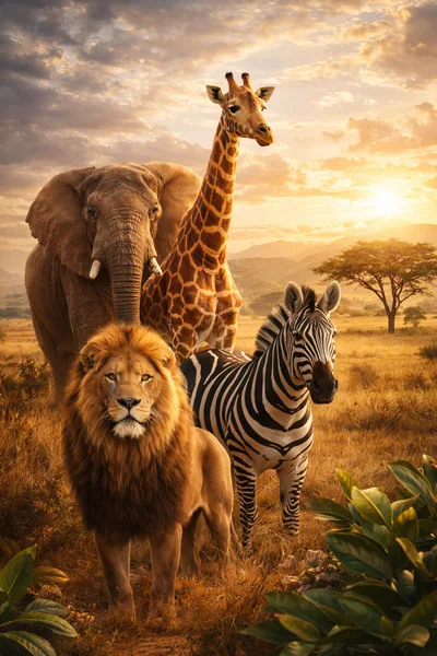 African Wildlife Animals Standing Together In Savannah