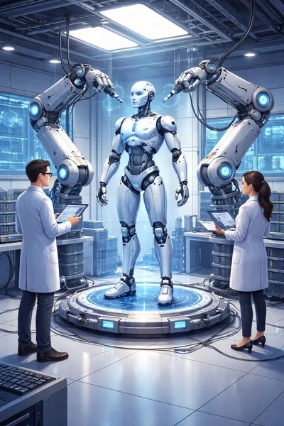 Scientists Monitoring Advanced Humanoid Robot Development