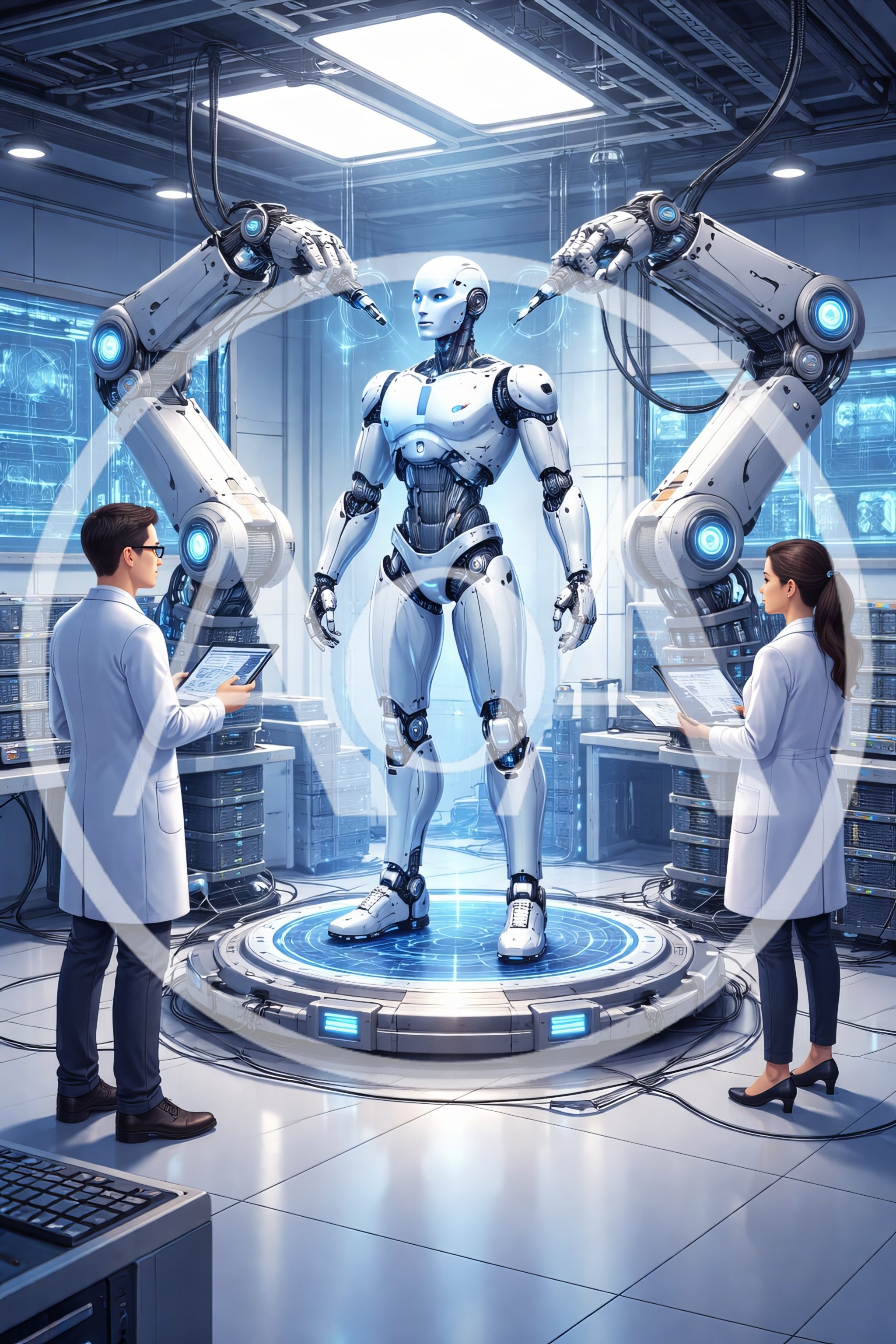Scientists Monitoring Advanced Humanoid Robot Development