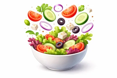 Fresh Greek Salad Ingredients Floating Above White Bowl