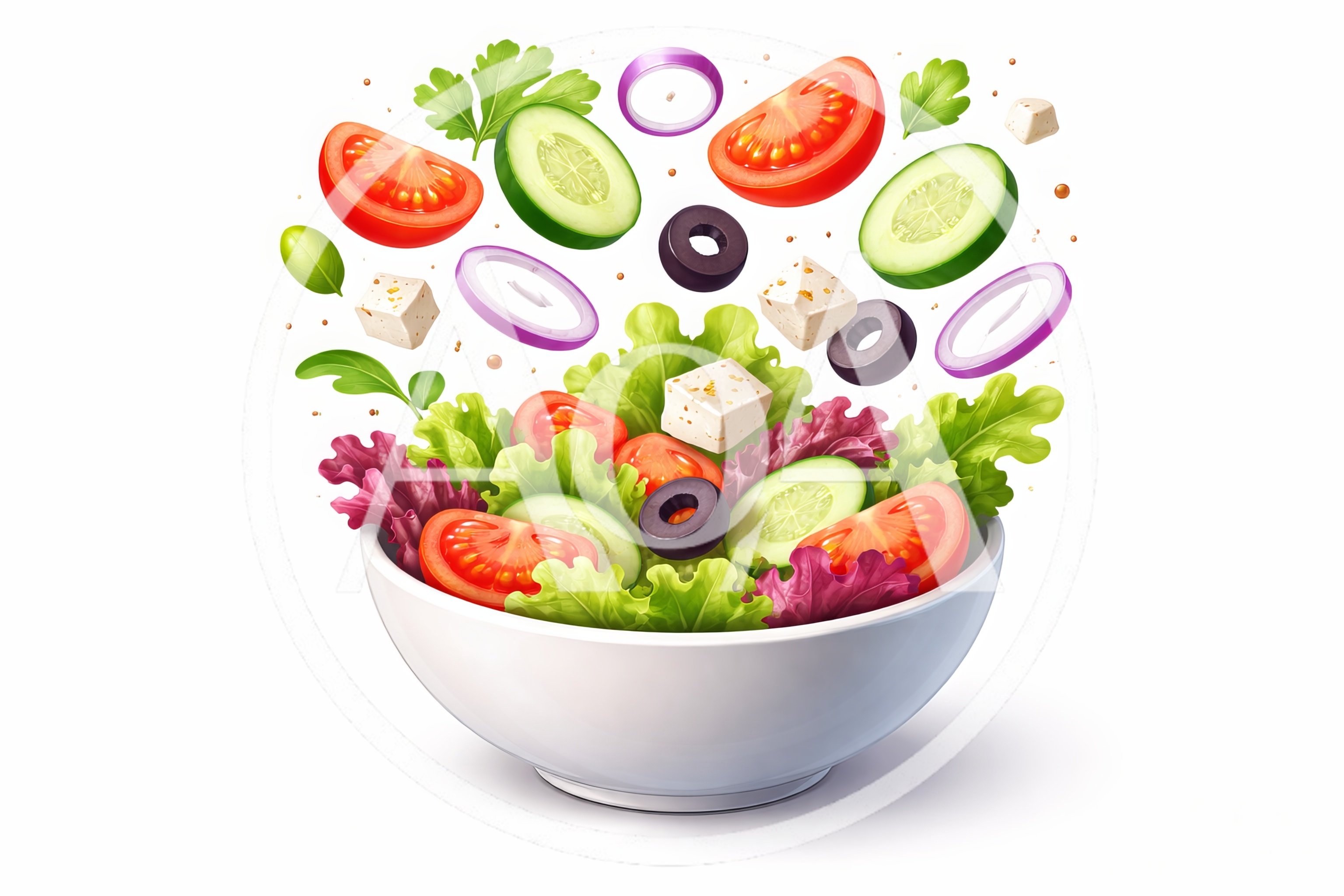 Fresh Greek Salad Ingredients Floating Above White Bowl