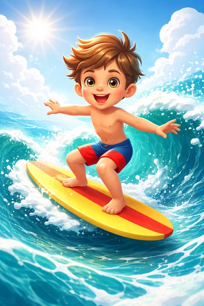 Cartoon Boy Surfing on a Sunny Ocean Wave