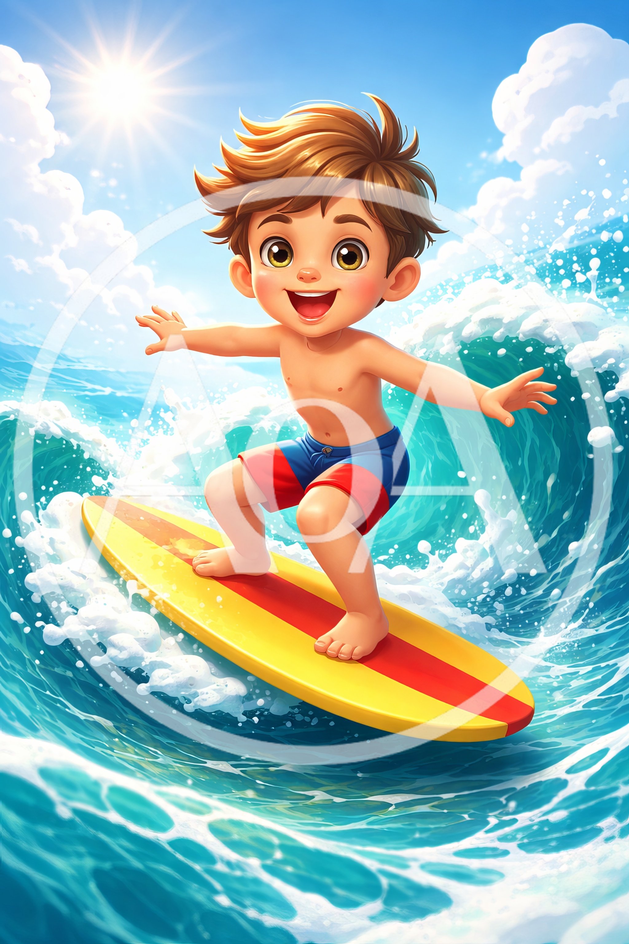 Cartoon Boy Surfing on a Sunny Ocean Wave