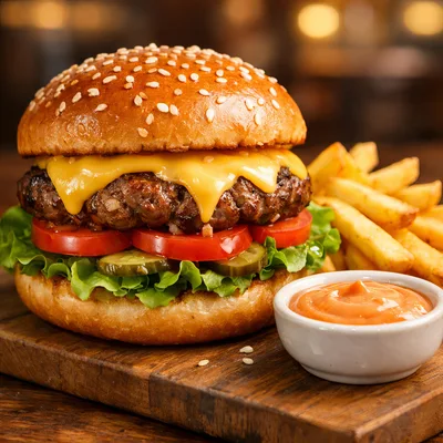 Gourmet Cheeseburger With French Fries And Dipping Sauce