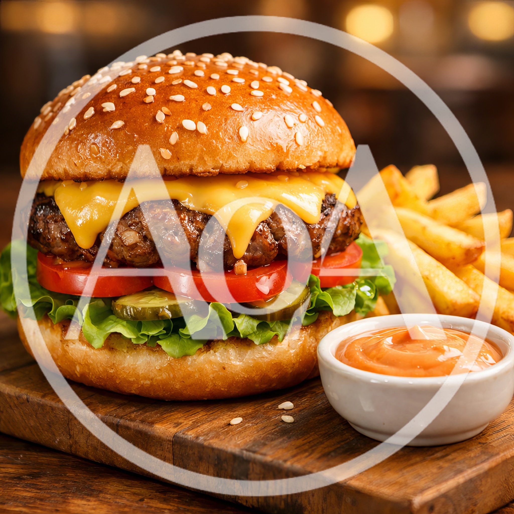 Gourmet Cheeseburger With French Fries And Dipping Sauce