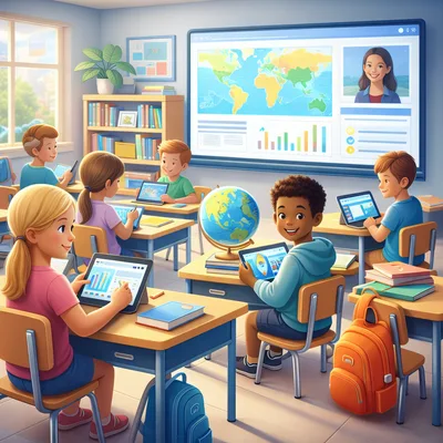 Diverse Students Using Digital Tablets in Modern Classroom