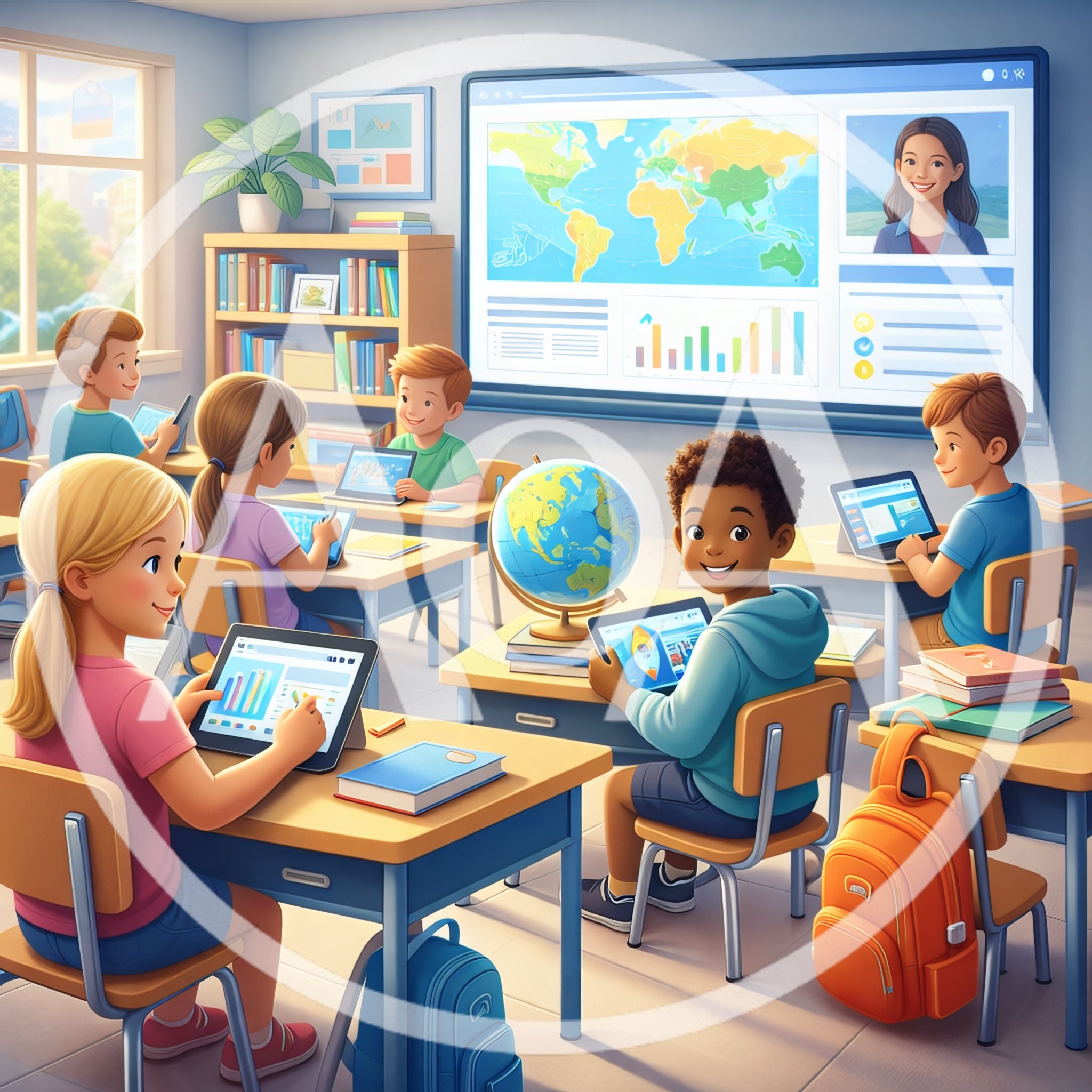 Diverse Students Using Digital Tablets in Modern Classroom