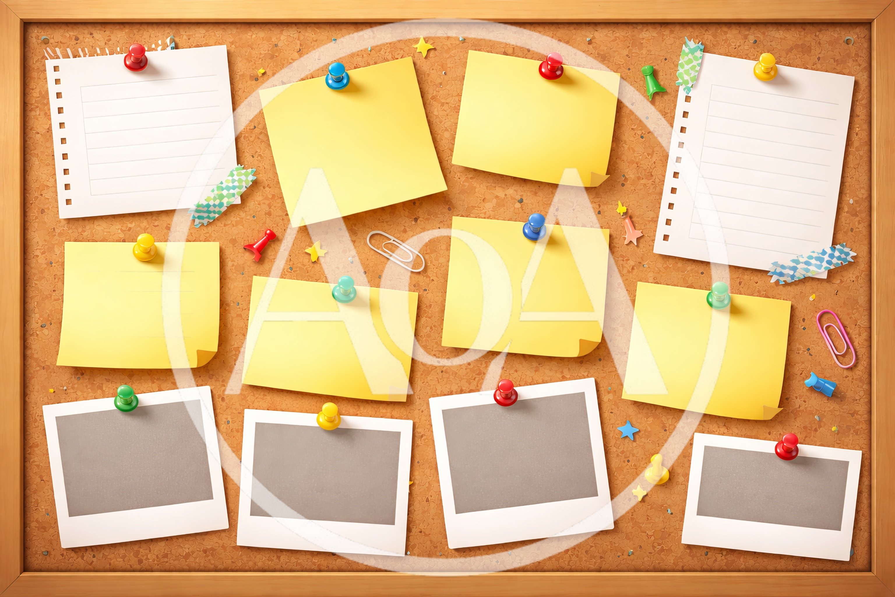 Cork Bulletin Board With Blank Notes And Photos