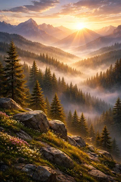 Golden Sunrise Over Misty Alpine Mountain Valley