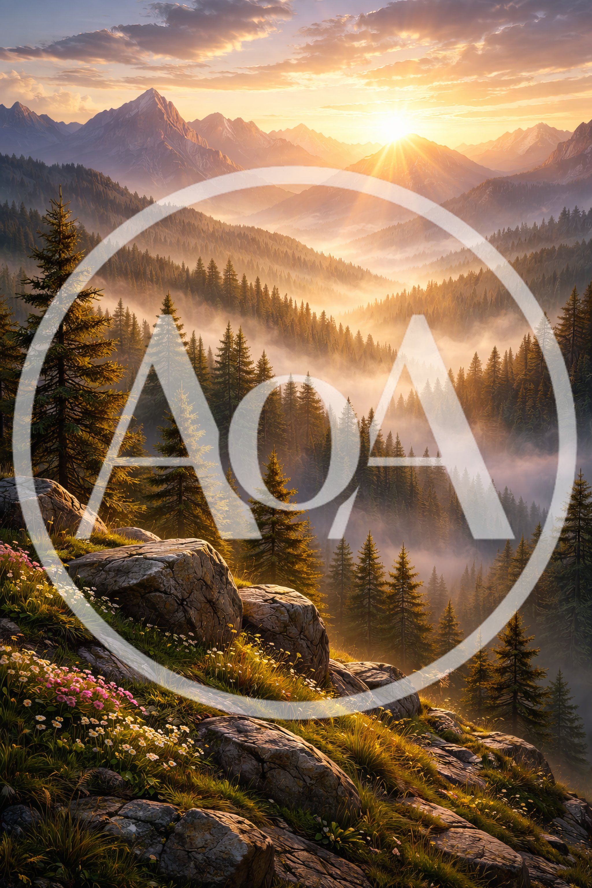 Golden Sunrise Over Misty Alpine Mountain Valley