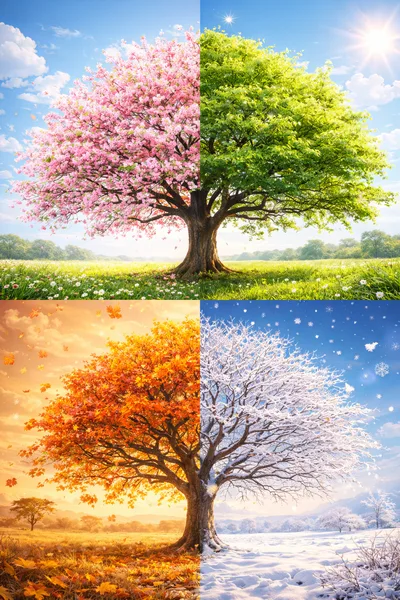 Four Seasons Tree Collage In A Single Landscape