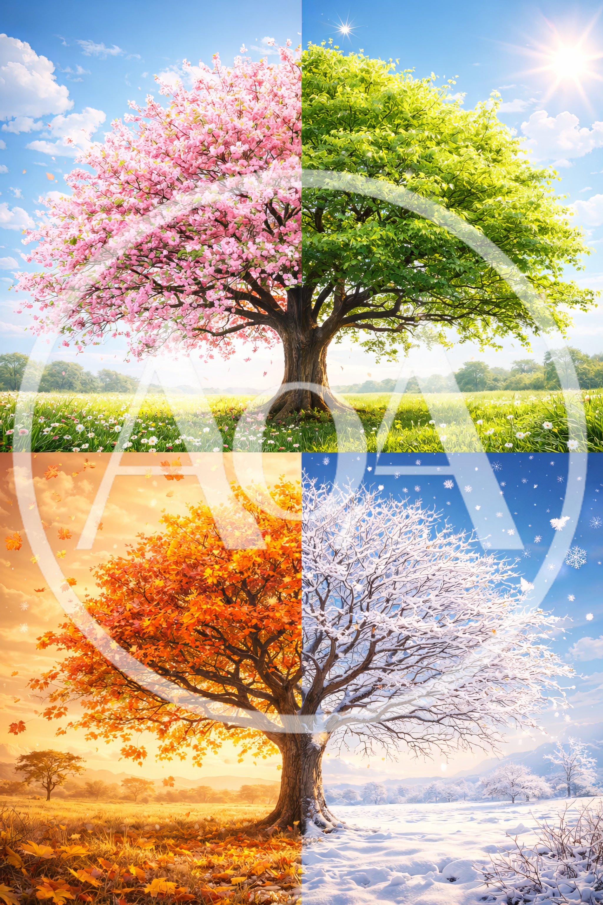 Four Seasons Tree Collage In A Single Landscape
