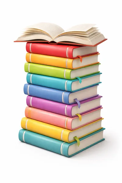 Stack Of Colorful Hardcover Books With Open Book