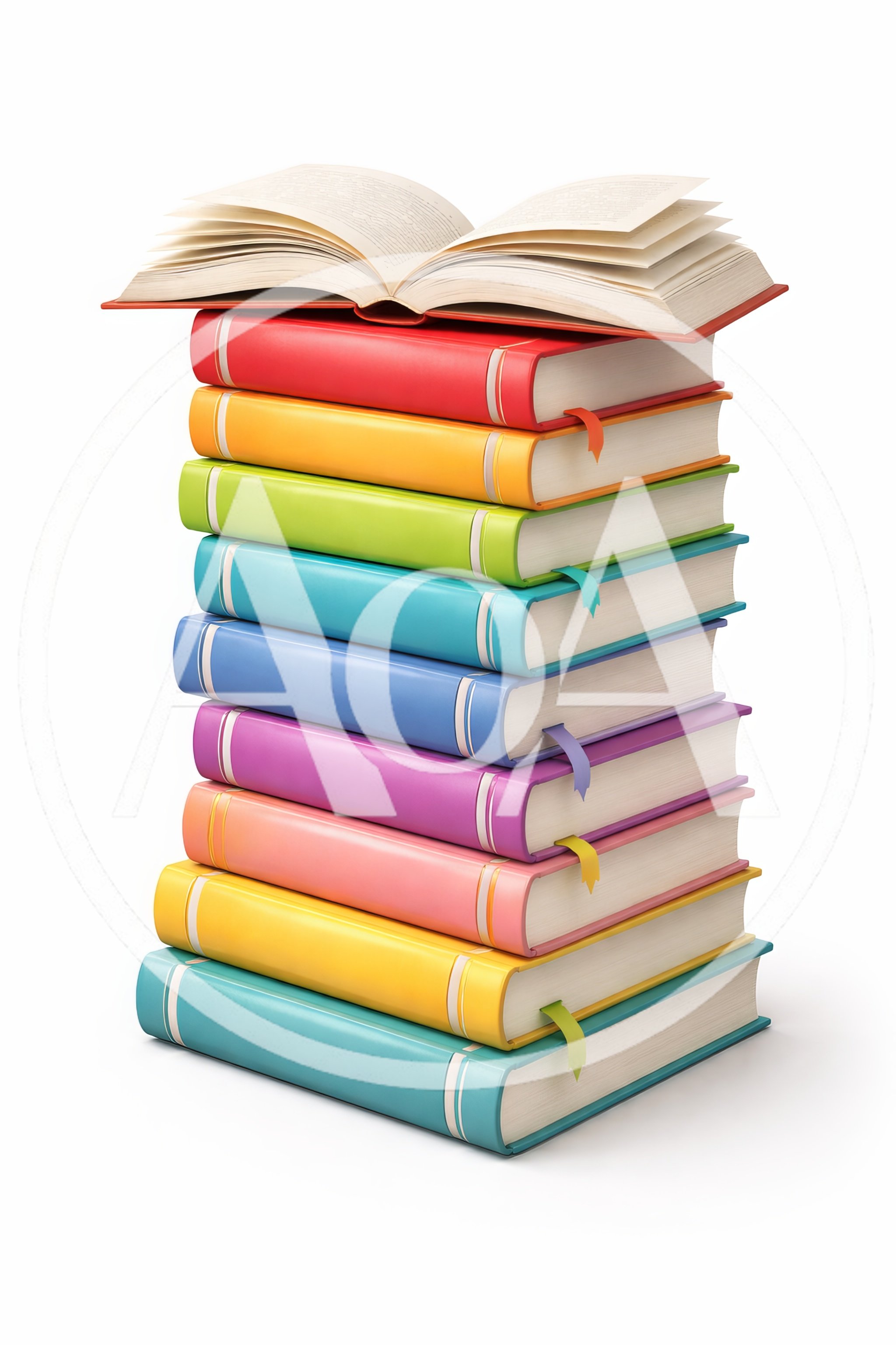 Stack Of Colorful Hardcover Books With Open Book
