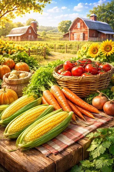 Fresh Harvest Vegetables On A Rustic Farm Table