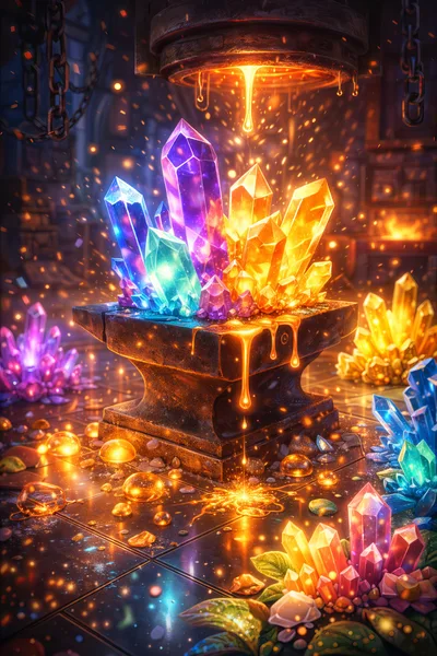 Magical Crystals Being Forged On A Glowing Anvil