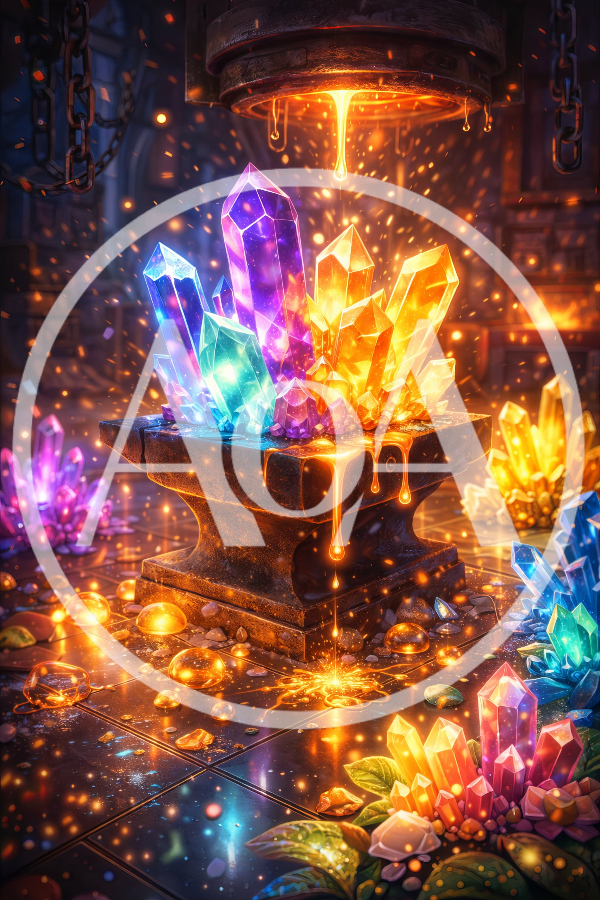 Magical Crystals Being Forged On A Glowing Anvil