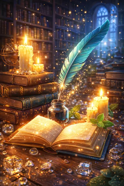 Magical Quill And Open Book In Ancient Library