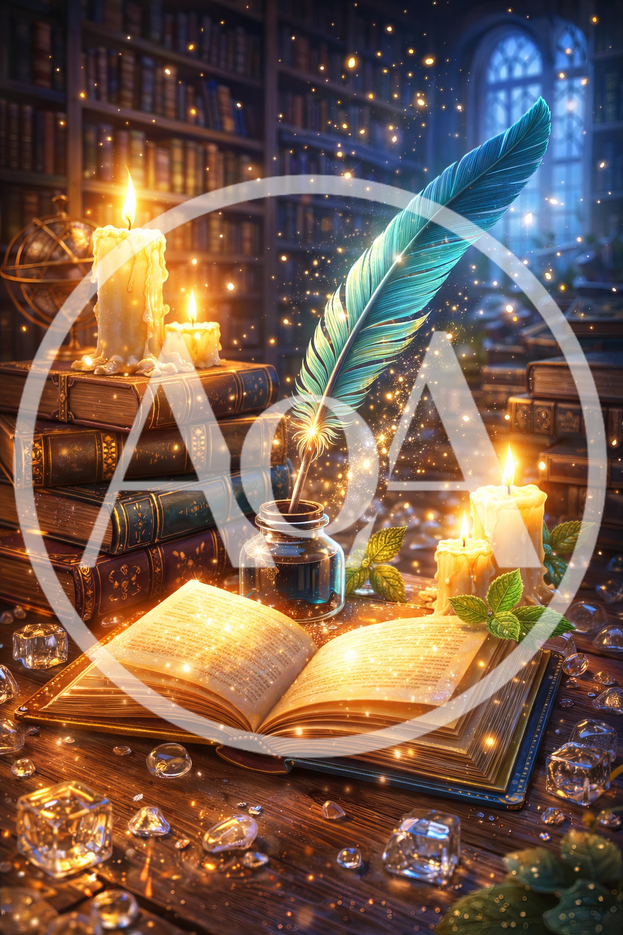 Magical Quill And Open Book In Ancient Library