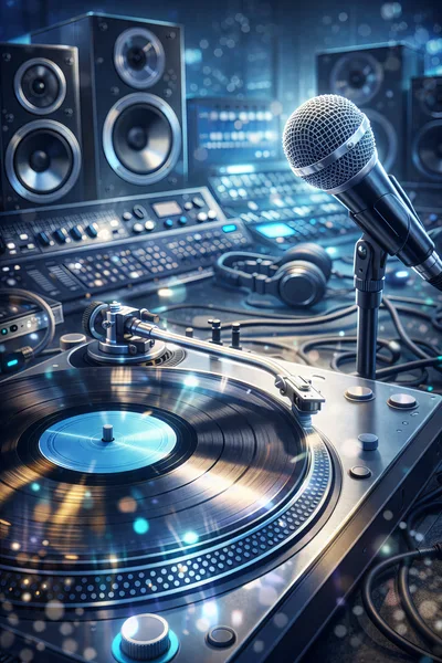 Professional DJ Turntable and Microphone in Recording Studio