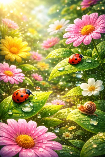 Ladybugs and Snail on Dewy Garden Leaves