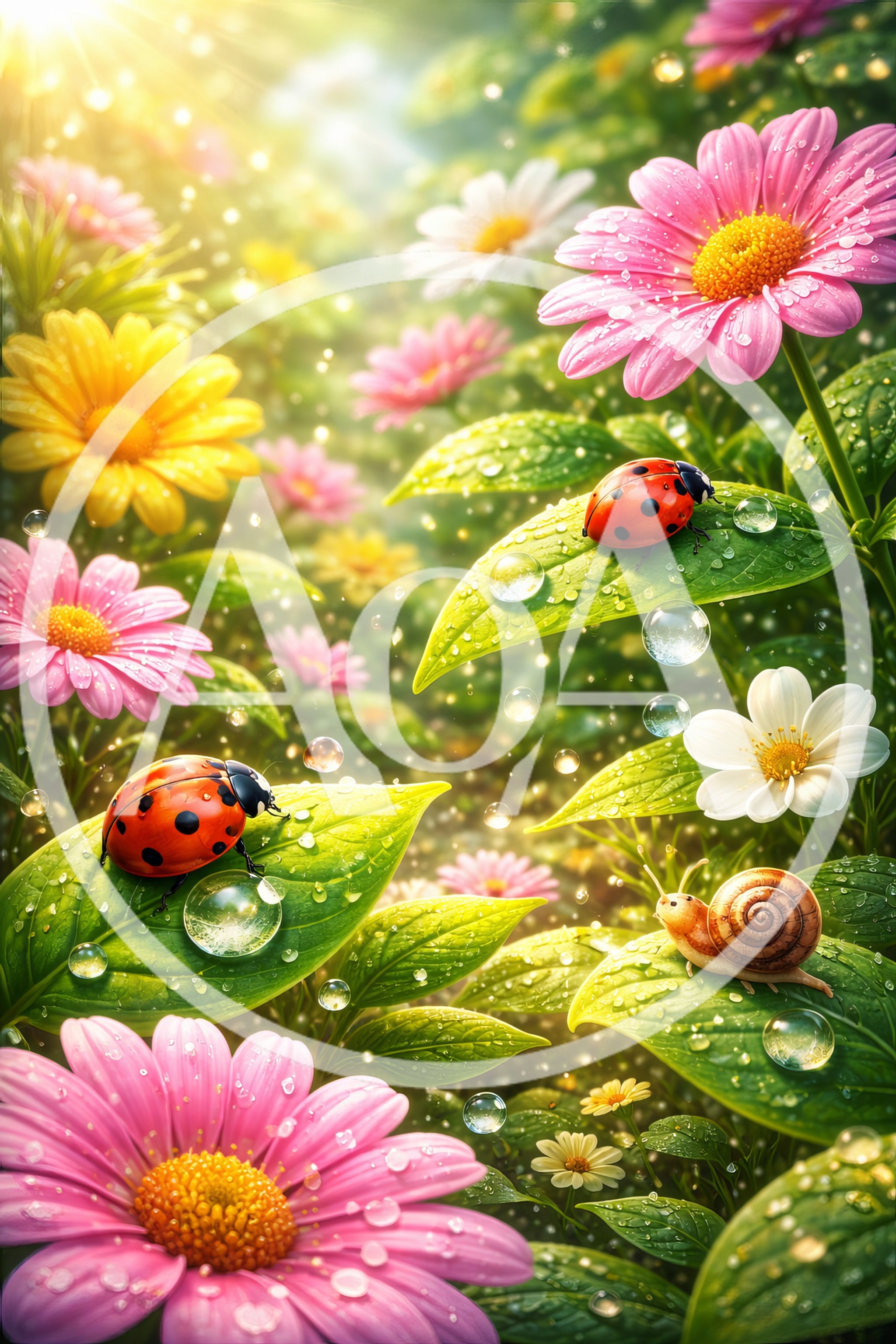 Ladybugs and Snail on Dewy Garden Leaves