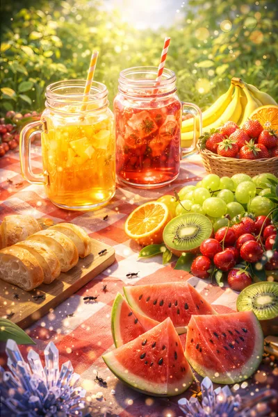 Summer Picnic Spread With Fresh Fruit And Drinks