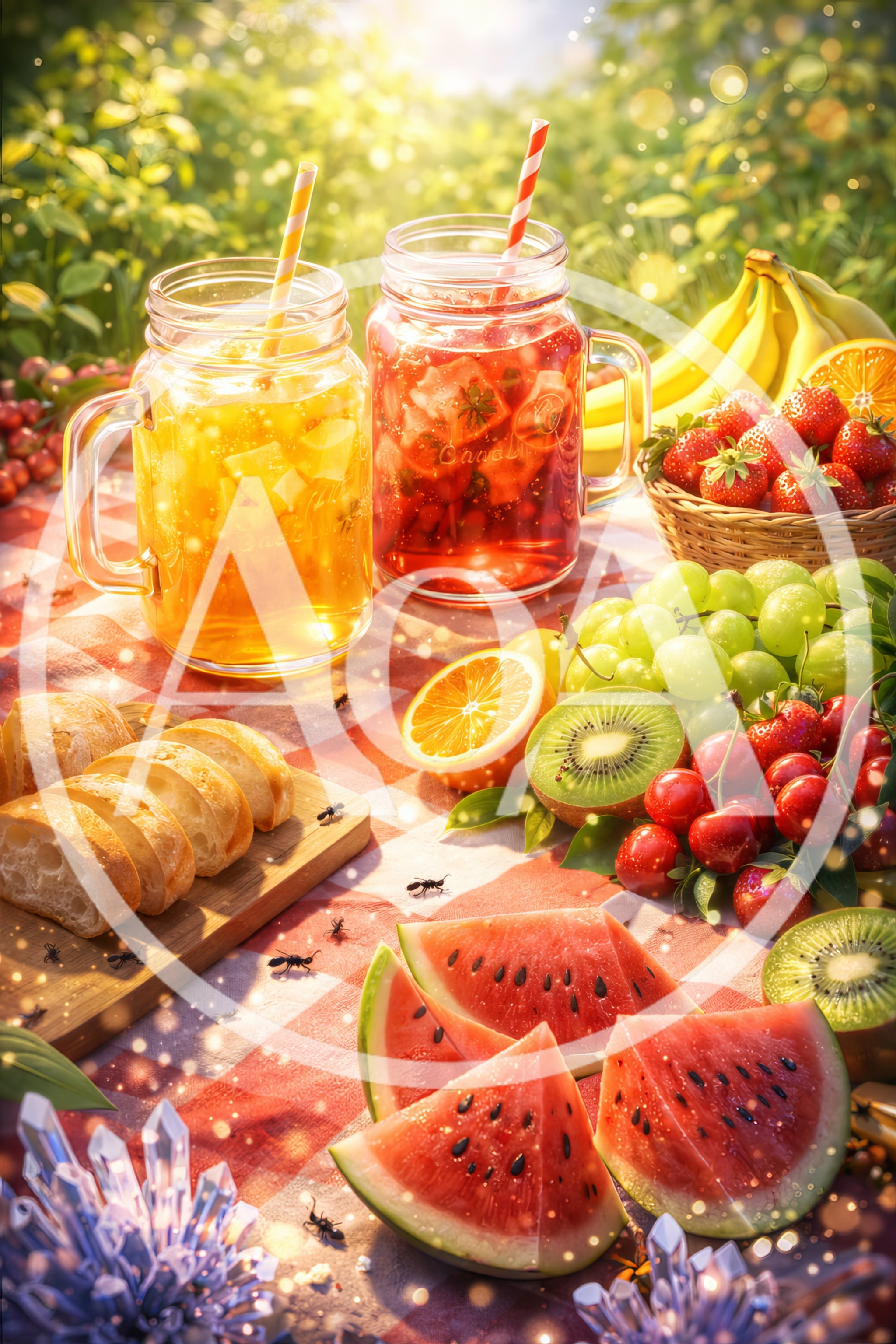 Summer Picnic Spread With Fresh Fruit And Drinks