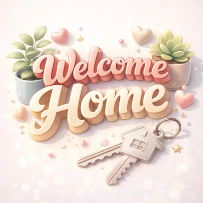 3D Welcome Home Text With House Keys And Plants