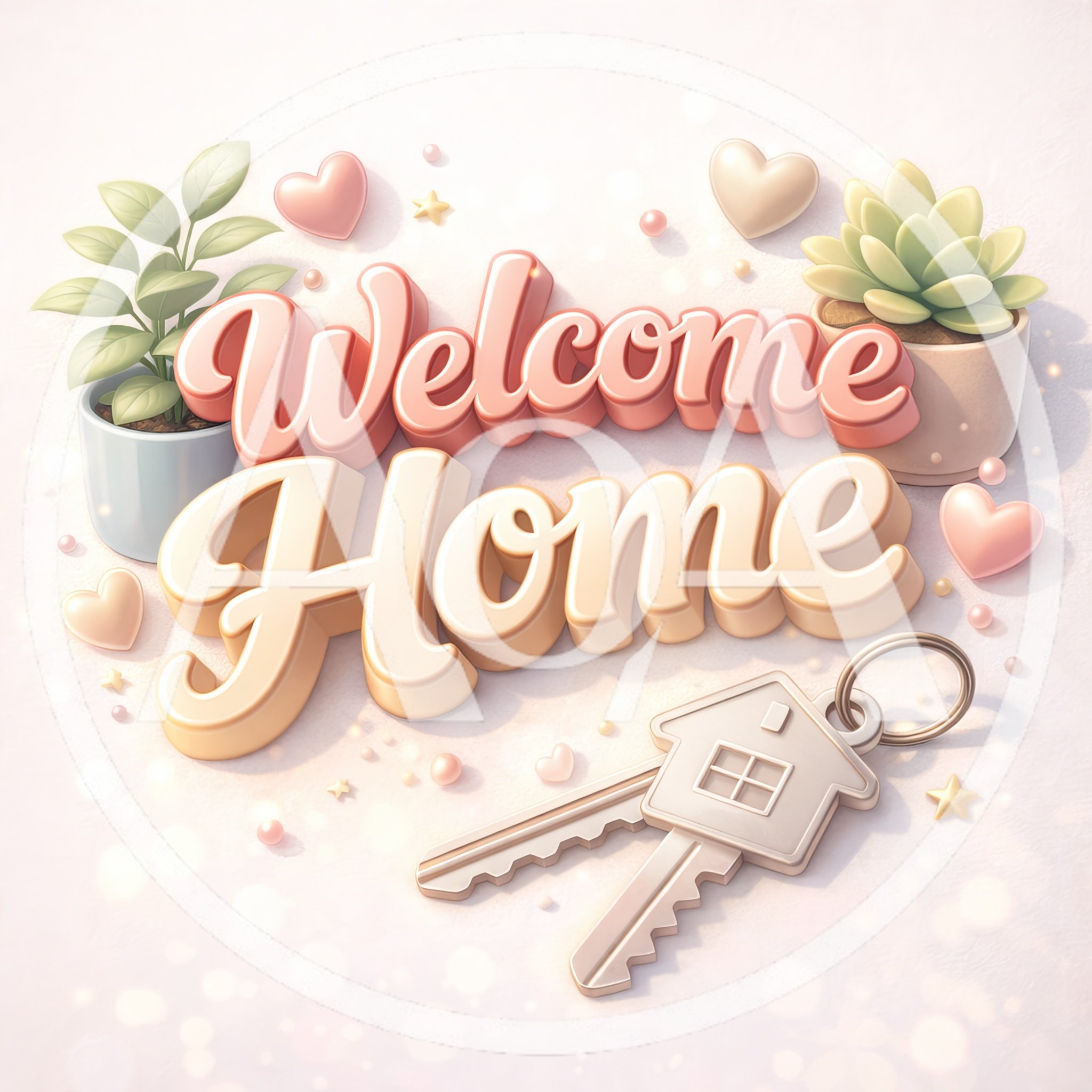 3D Welcome Home Text With House Keys And Plants