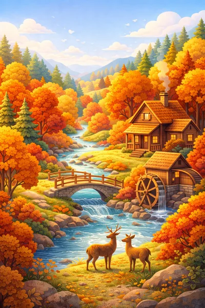 Autumn Landscape With Deer And Watermill