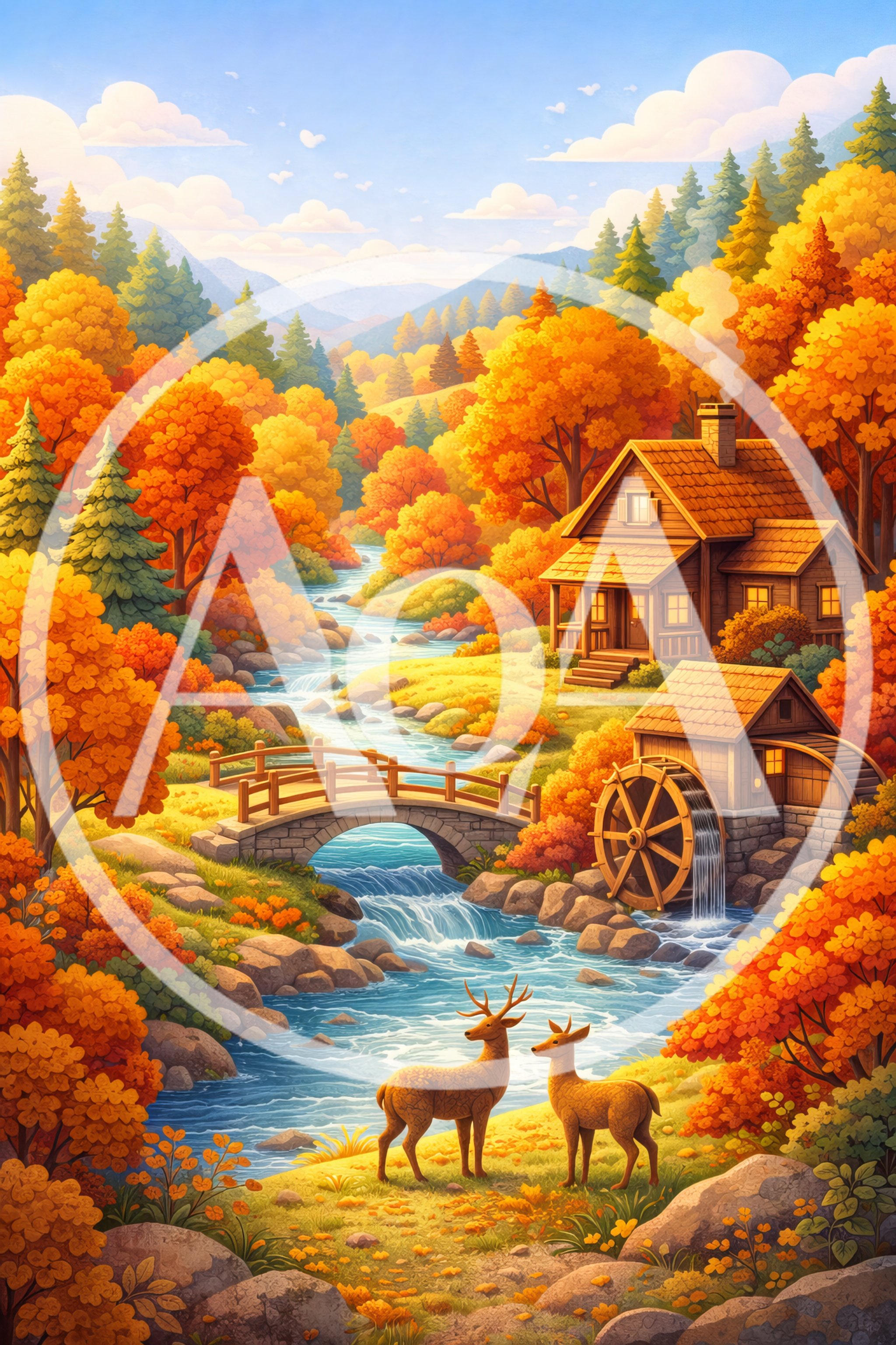Autumn Landscape With Deer And Watermill