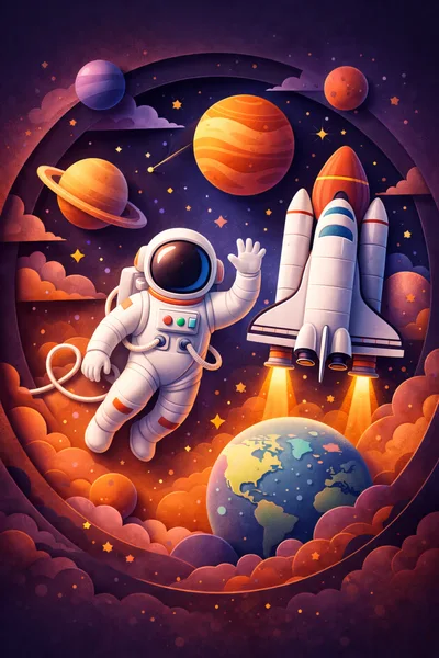 Astronaut Waving Near Space Shuttle In Orbit